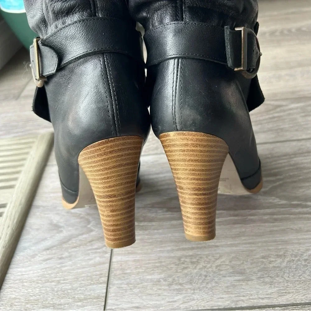 Zara Black Slouchy Leather Heeled Tall Boots  Made In Spain - Picture 7 of 15